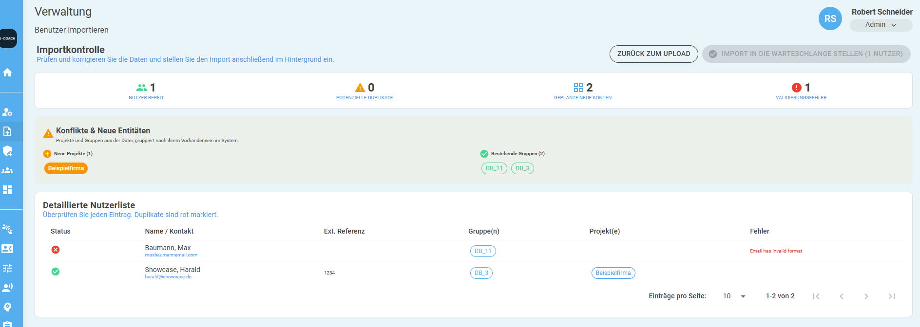 Screenshot: Upload-Oberfläche mit Datenprüfung