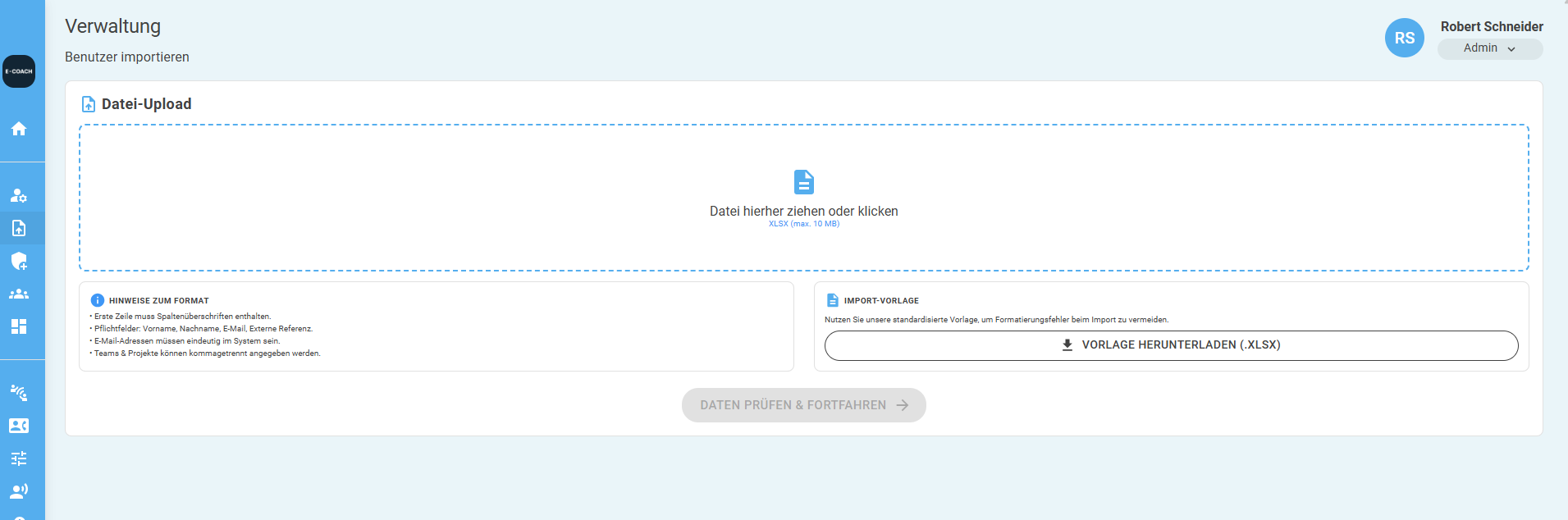 Screenshot: Administration menu with user import tile