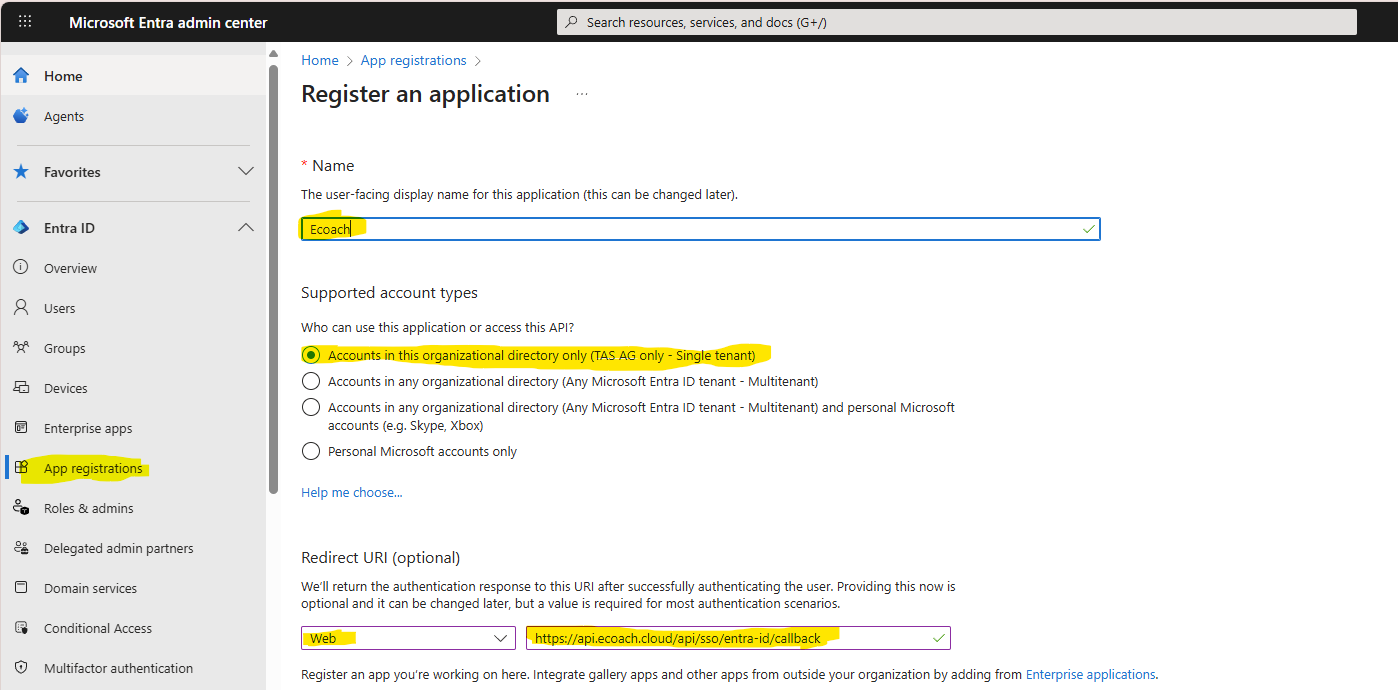 App registration configuration