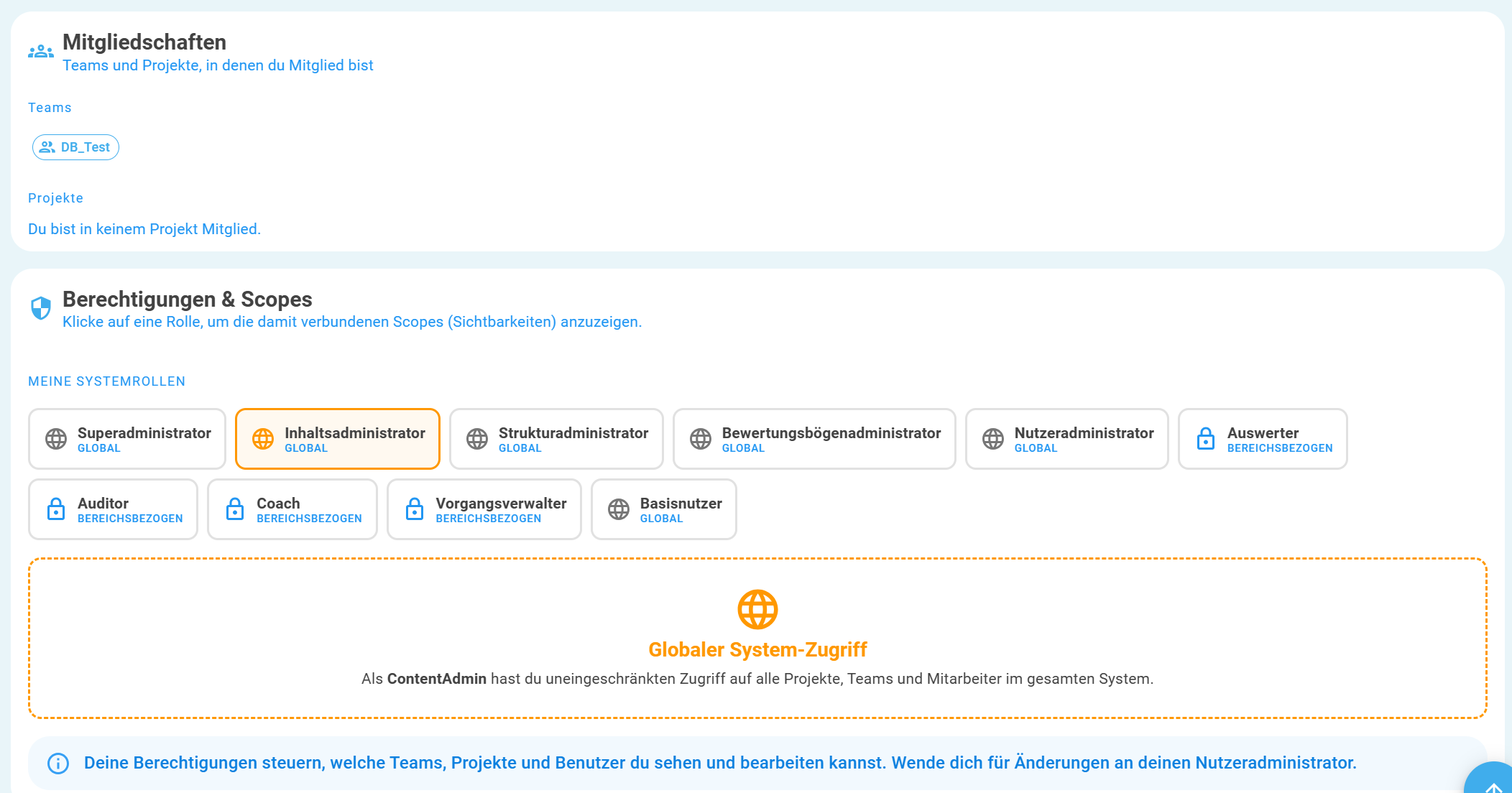 Permissions and roles in user profile