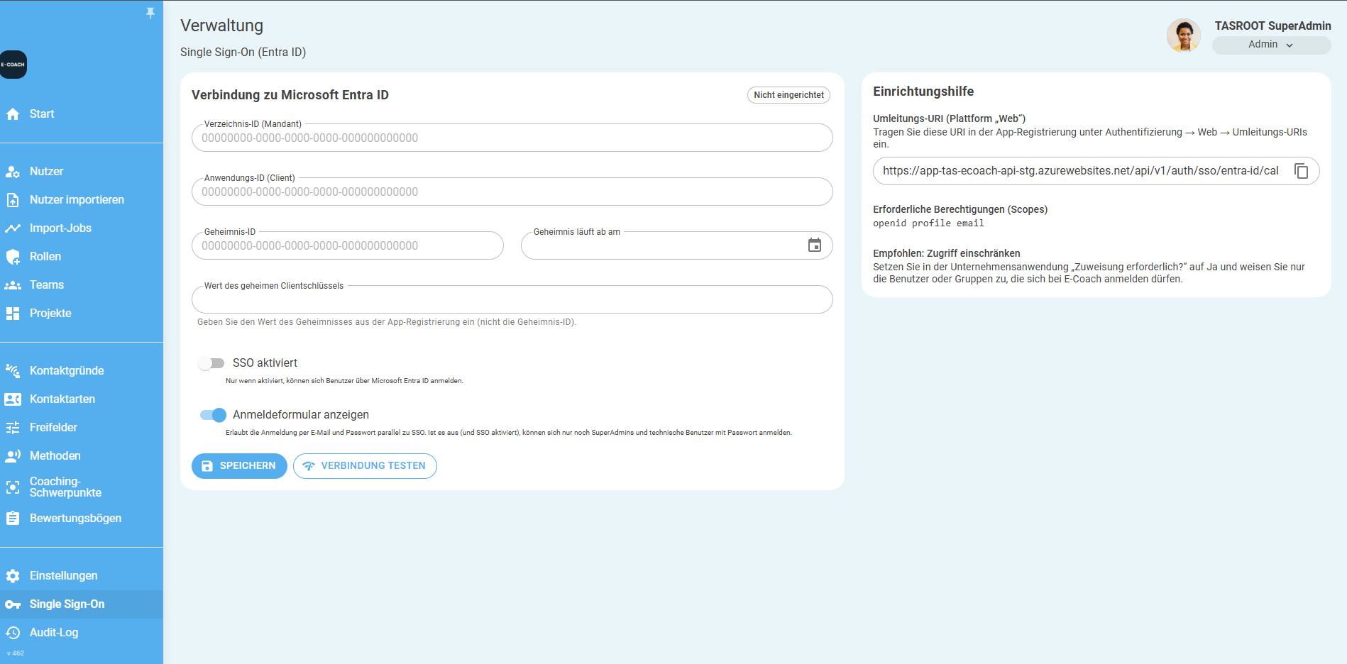 SSO Configuration Screen