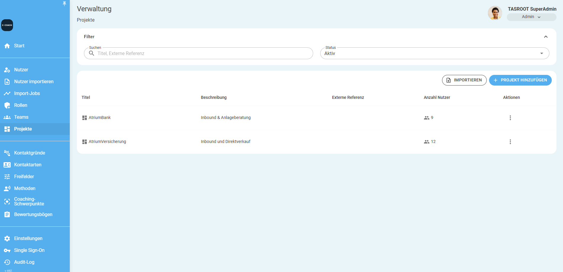 Import button in project management