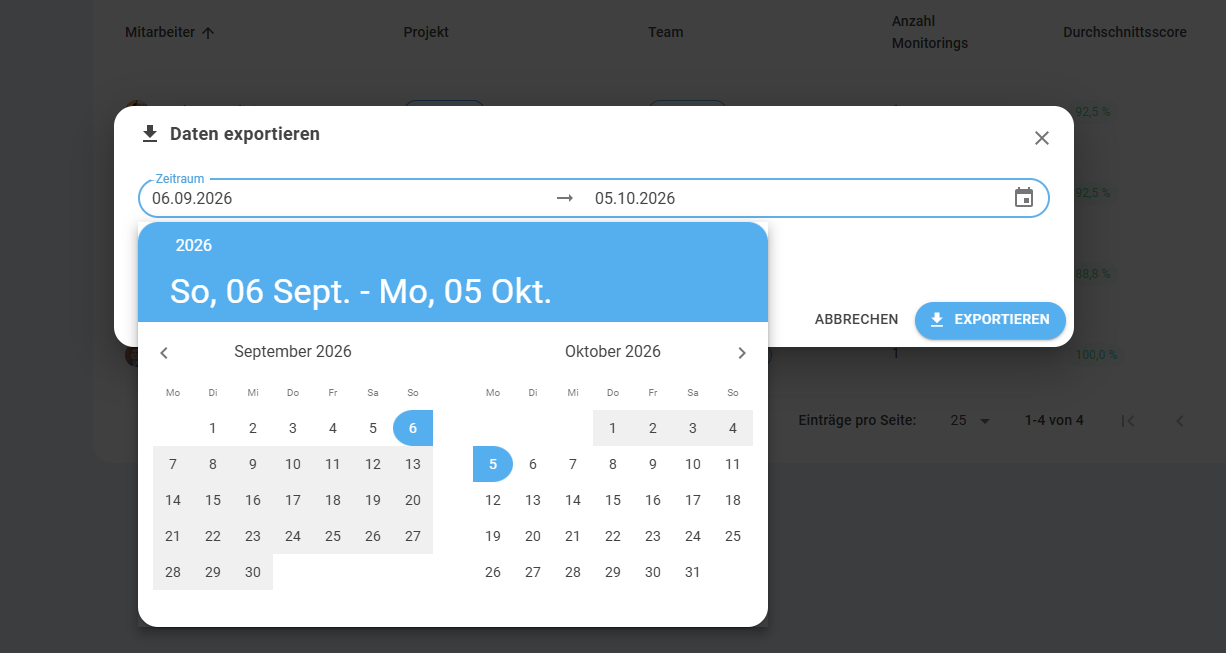 Select time period for export