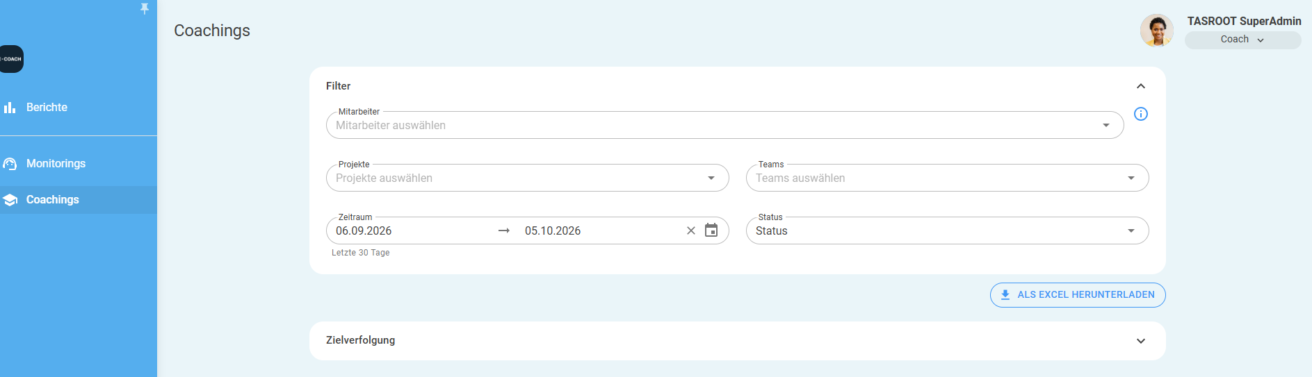 Export-Funktion im Coaching-Dashboard